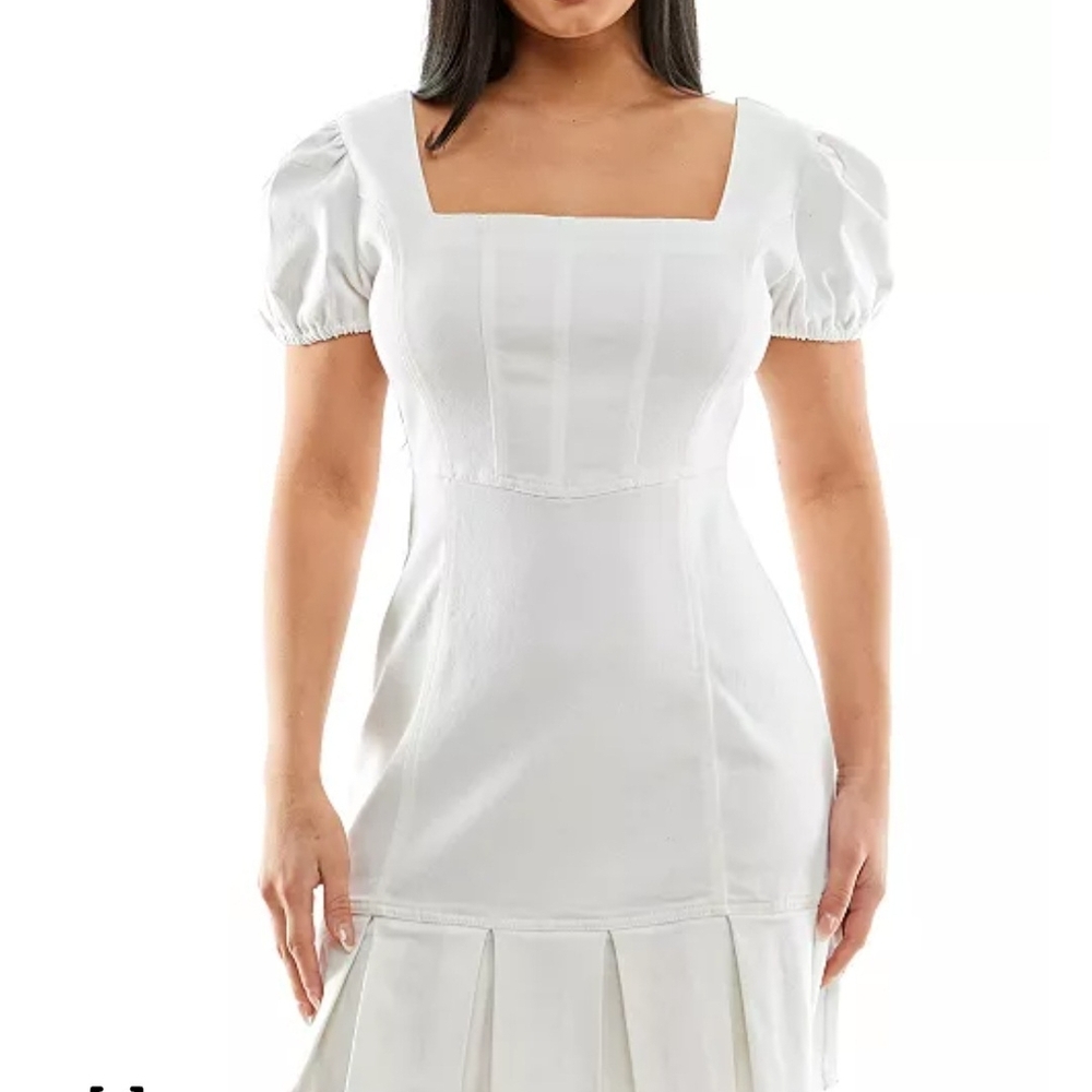 Planet Gold NWT White Puff Sleeve Denim Mini Dress Sz L Mini Dress Ruffle  Puff